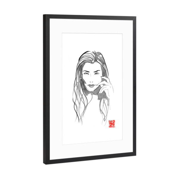 Poster mit Rahmen Schwarz (Metallic) "Blonde woman" artboxONE - Menschen,Schwarzweiß - Woman,Japan,Sumie,Frau,Girl,Malerei,Portrait,Zen,Menschen