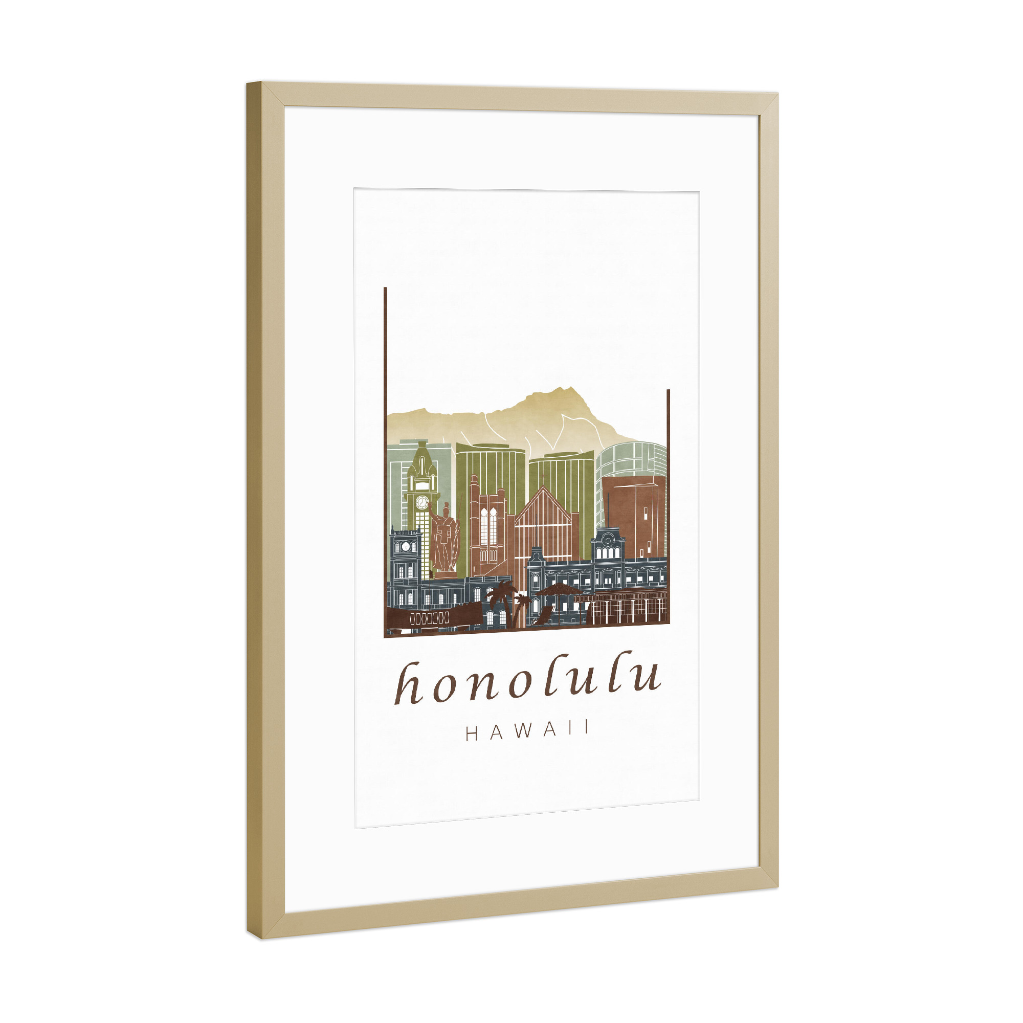 Poster mit Rahmen Gold "Honolulu skyline light brown" artboxONE - Städte,Architektur,Kartografie