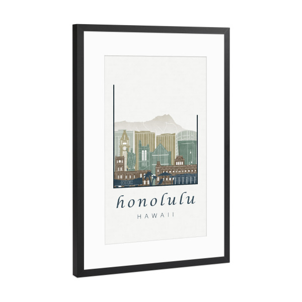 Poster mit Rahmen Schwarz (Metallic) "Honolulu skyline light blue" artboxONE - Städte,Architektur