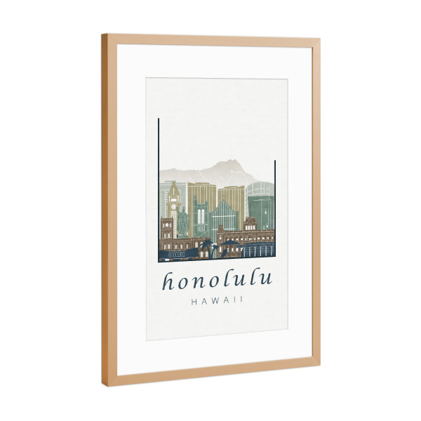 Poster mit Rahmen Kupfer "Honolulu skyline light blue" artboxONE - Städte,Architektur
