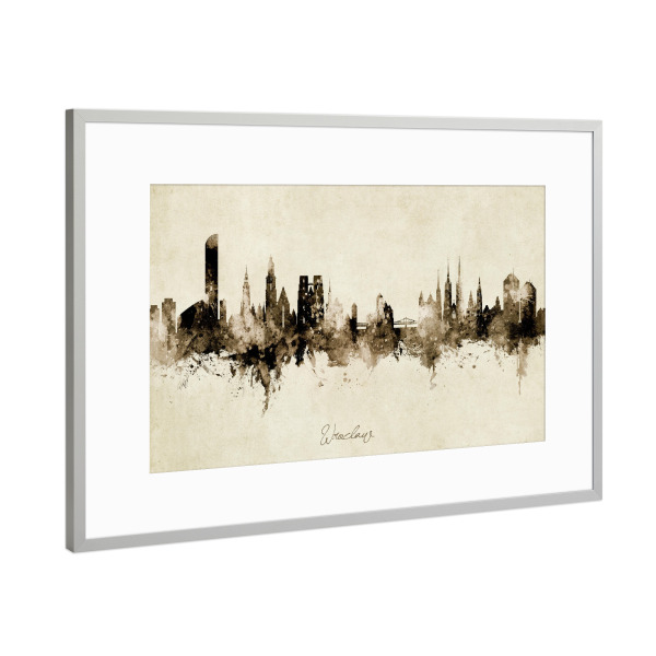 Poster mit Rahmen Silber "Wroclaw Poland Skyline Sepia" artboxONE - Städte
