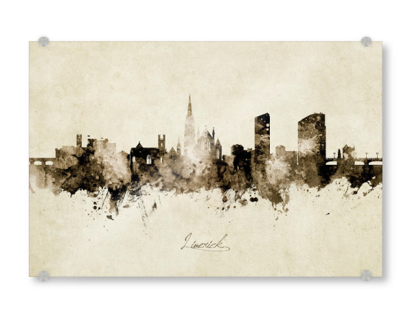 Acrylglasbild "Limerick Ireland Skyline Sepia" artboxONE - Städte - Limerick,Ireland,Skyline,Cityscape,Stadtbild,Watercolor,City,Stadt,Beige,Irland