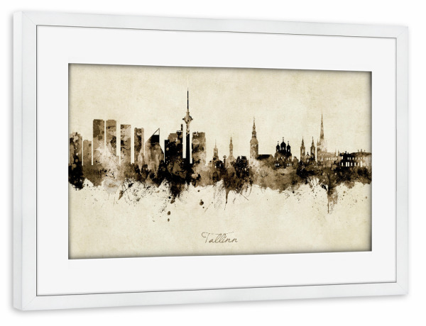 Poster mit Rahmen weiß "Tallinn Estonia Skyline Sepia" artboxONE - Städte - Tallinn,Estonia,Skyline,Cityscape,Stadtbild,Watercolor,City,Stadt,Beige