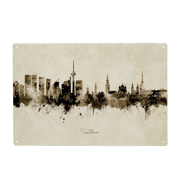 Holzbild "Tallinn Estonia Skyline Sepia" artboxONE - Städte - Tallinn,Estonia,Skyline,Cityscape,Stadtbild,Watercolor,City,Stadt,Beige