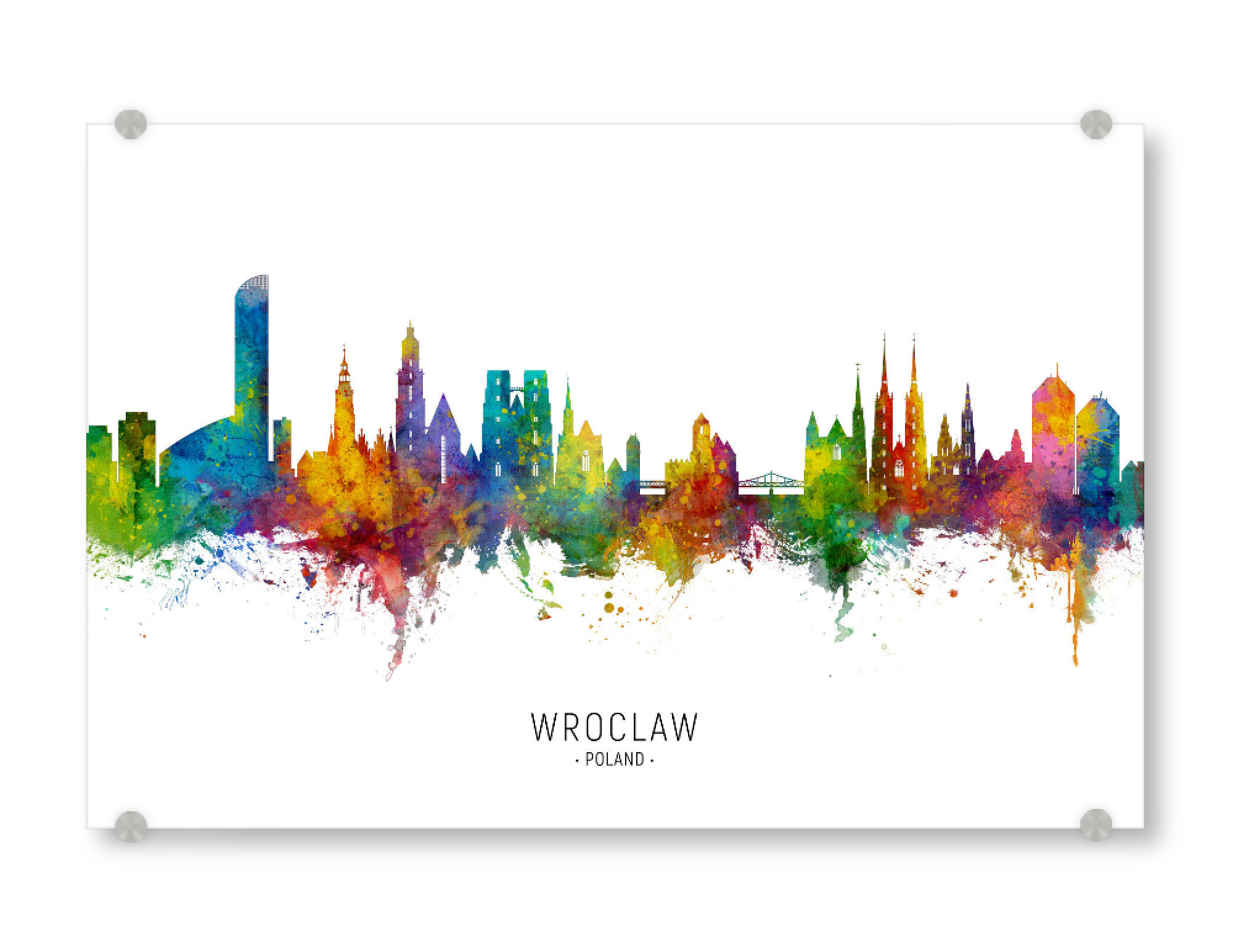 Acrylglasbild "Wroclaw Poland Skyline txt" artboxONE - Städte - Wroclaw,Poland,Skyline,Cityscape,Stadtbild,Watercolor,Polen,City,Stadt,Colorful,Bunt
