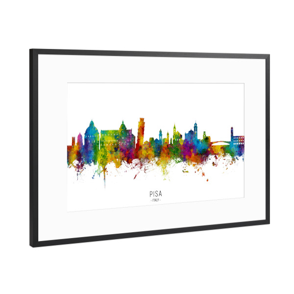 Poster mit Rahmen Schwarz (Metallic) "Pisa Italy Skyline txt" artboxONE - Städte
