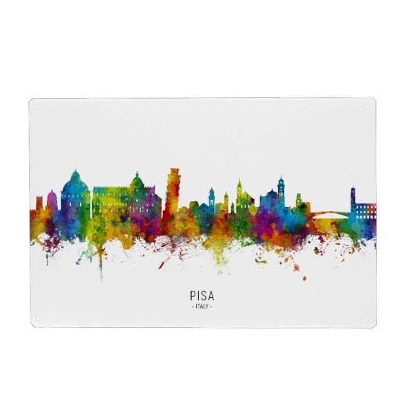 Metall Poster "Pisa Italy Skyline txt" artboxONE - Städte - Pisa,Italy,Skyline,Cityscape,Stadtbild,Watercolor,Italien,Turm,City,Stadt,Colorful,Bunt