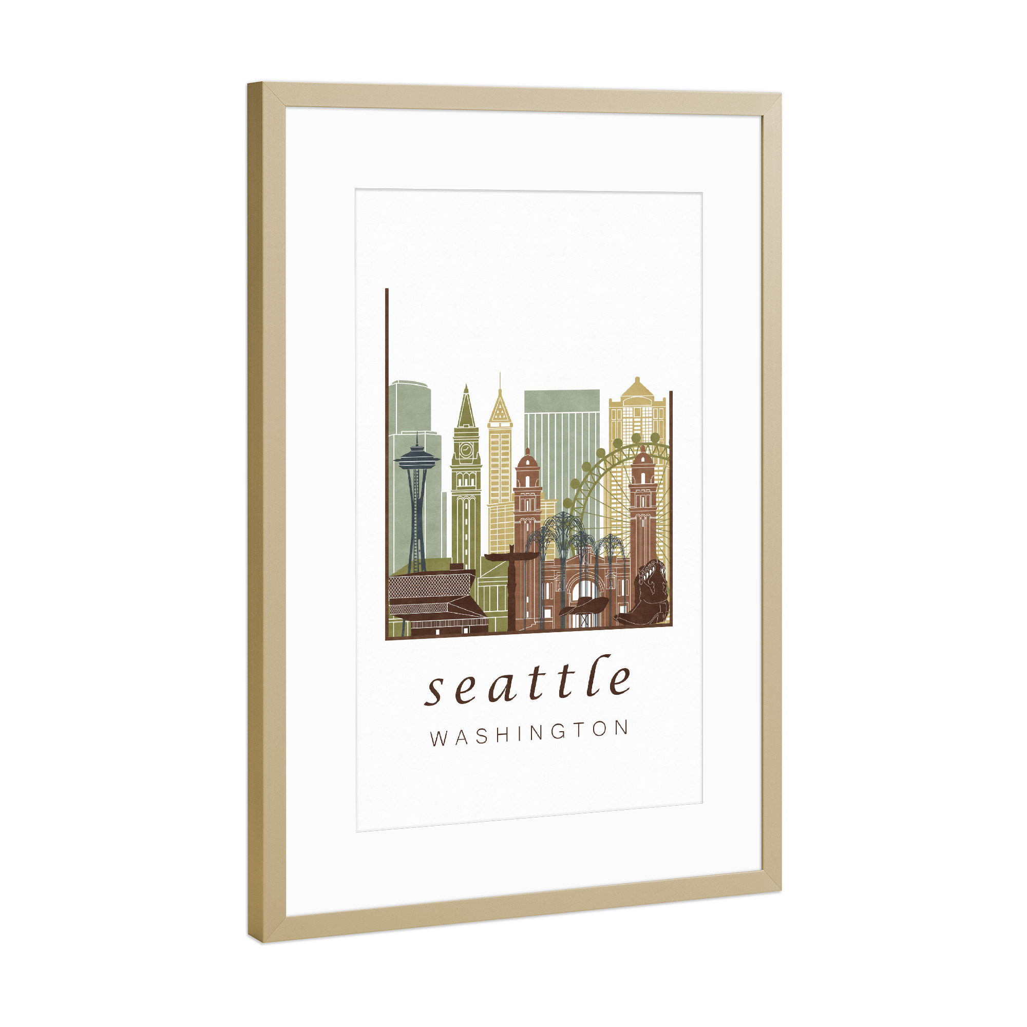 Poster mit Rahmen Gold "Seattle skyline light brown" artboxONE - Städte,Architektur