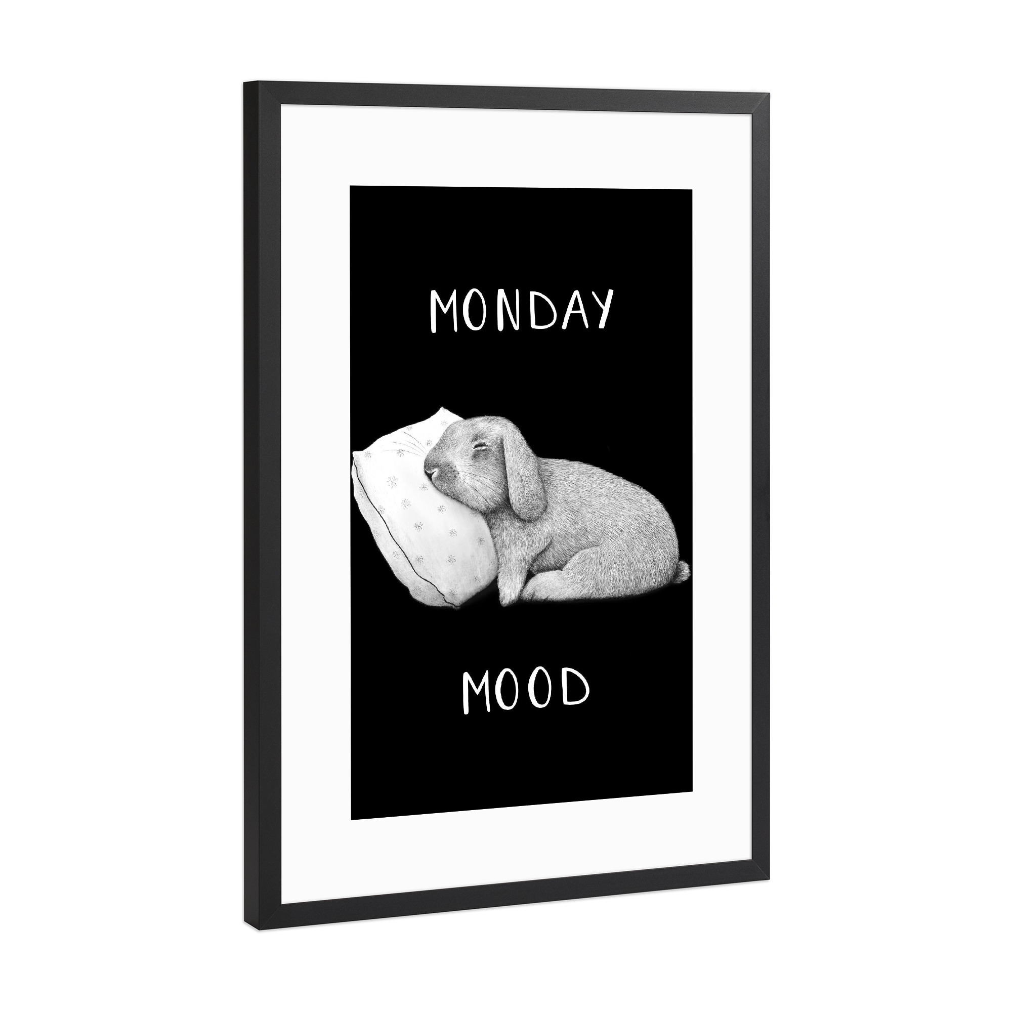 Poster mit Rahmen Schwarz (Metallic) "Monday mood on black" artboxONE - Natur,Tiere,Schwarzweiß,Lustig