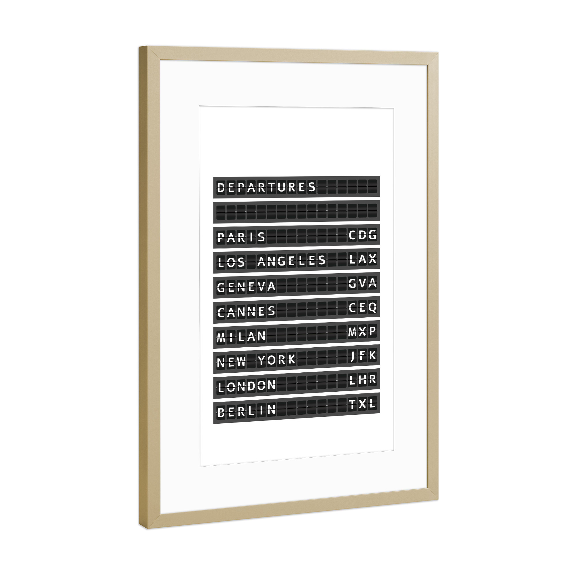 Poster mit Rahmen Gold "Departure Board" artboxONE - Städte,Typografie,Reise,Schwarzweiß,Reise / Länder