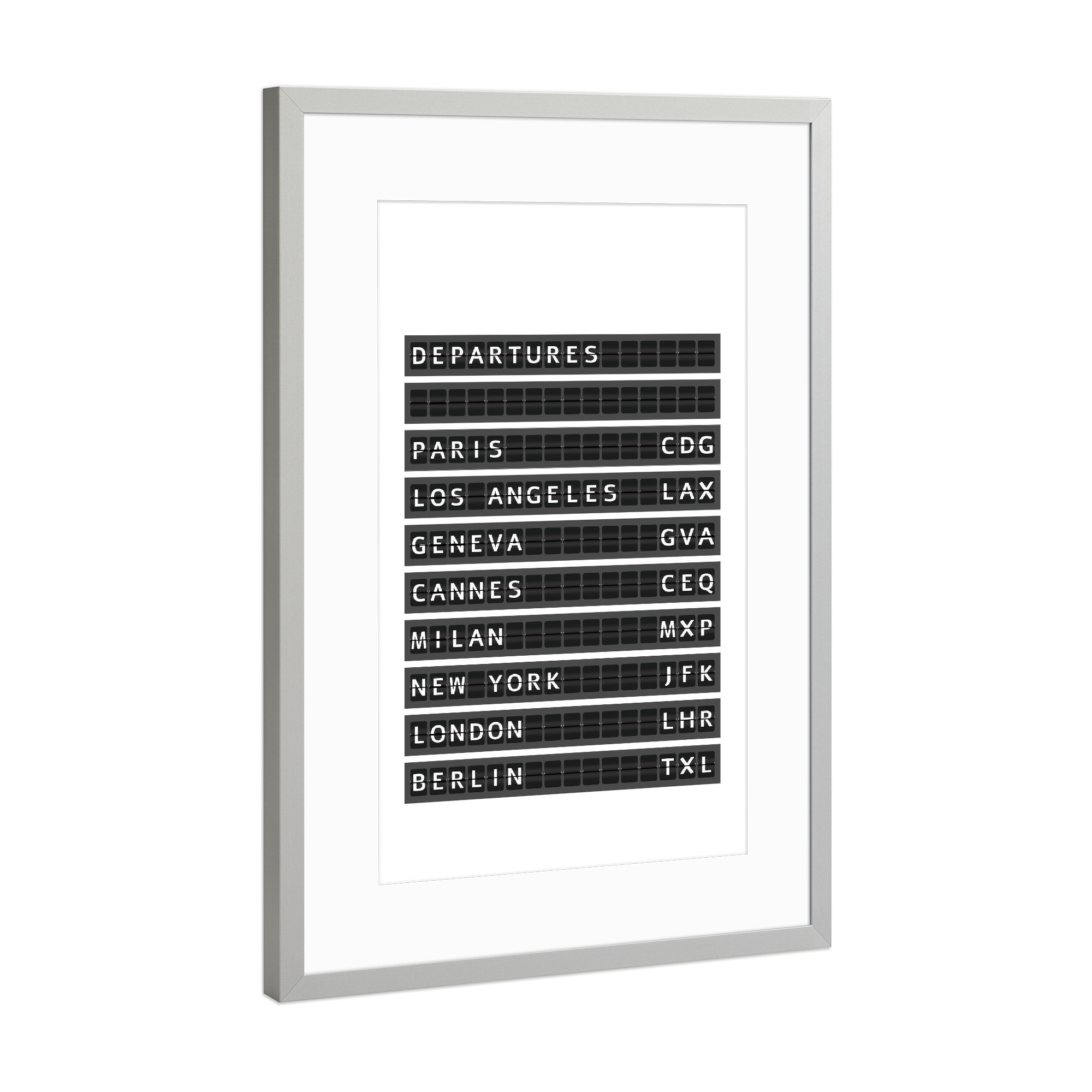 Poster mit Rahmen Silber "Departure Board" artboxONE - Städte,Typografie,Reise,Schwarzweiß,Reise / Länder