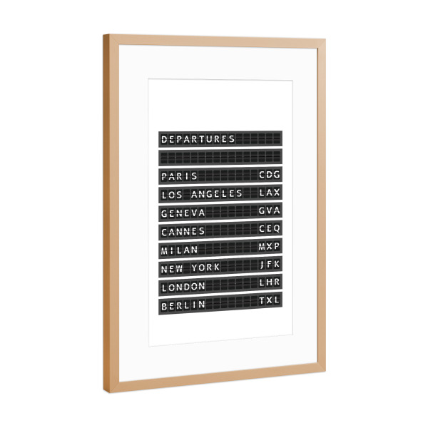 Poster mit Rahmen Kupfer "Departure Board" artboxONE - Städte,Typografie,Reise,Schwarzweiß,Reise / Länder
