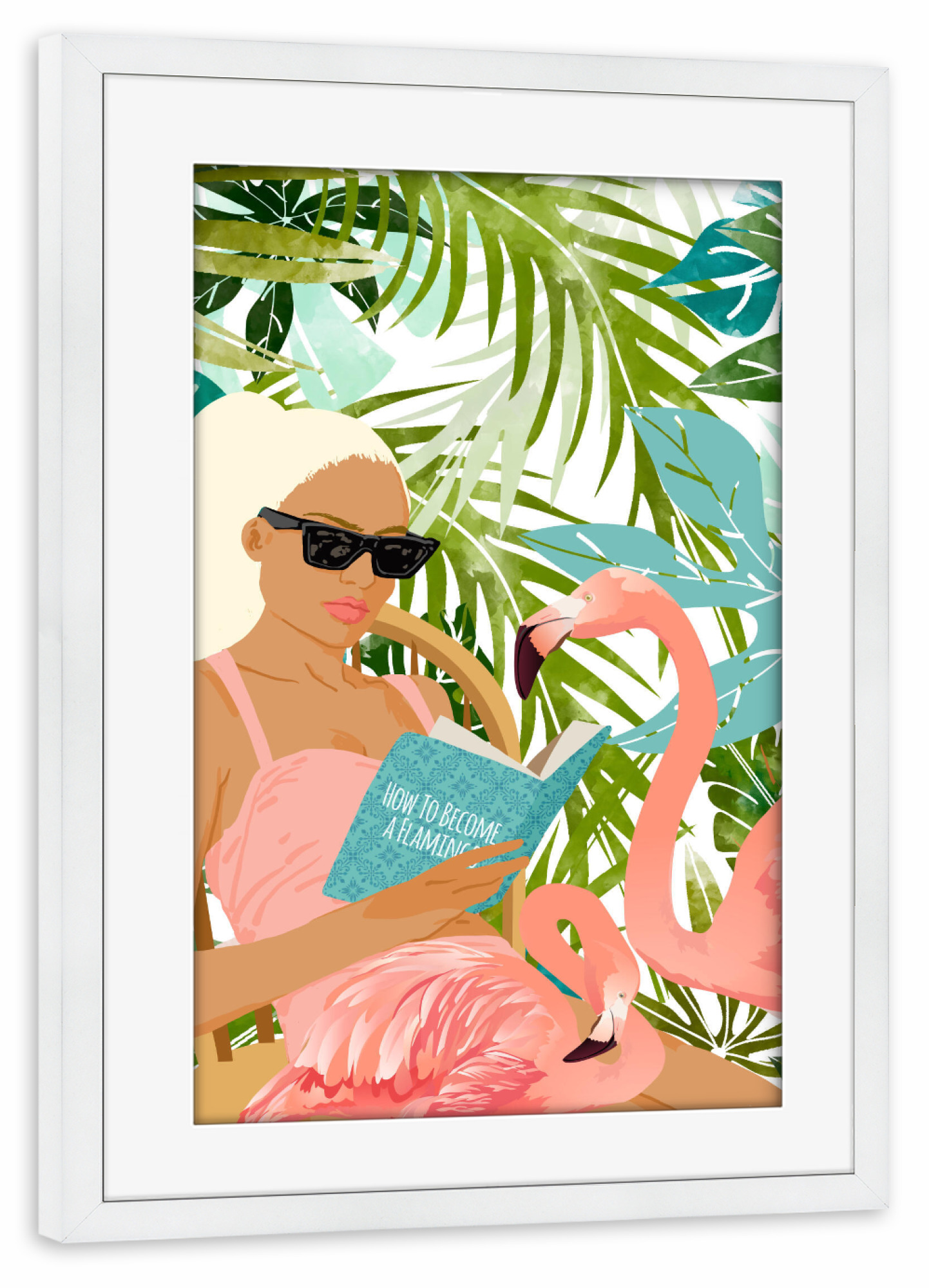 Poster mit Rahmen weiß "How To Become a Flamingo" artboxONE - Tiere,Menschen