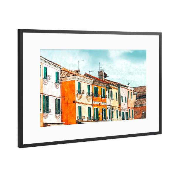 Poster mit Rahmen Schwarz (Metallic) "Burano Island | Colorful Patel" artboxONE - Städte,Architektur