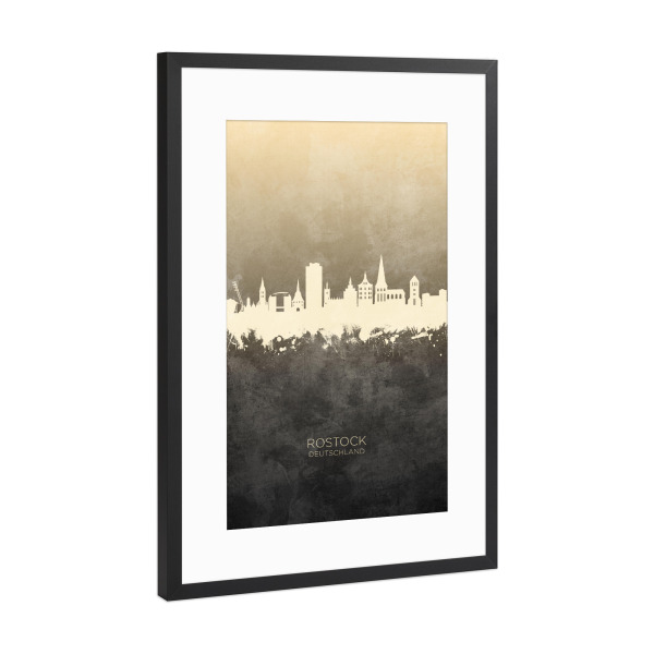 Poster mit Rahmen Schwarz (Metallic) "Rostock Germany Skyline Taupe" artboxONE - Städte