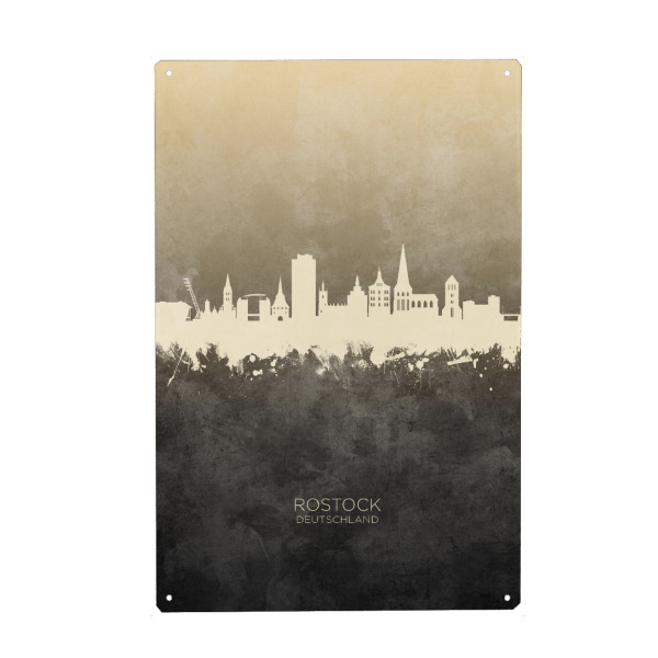 Holzbild "Rostock Germany Skyline Taupe" artboxONE - Städte - Rostock,Deutschland,Skyline,Cityscape,Stadtbild,Watercolor,Painting,Germany,City,Stadt
