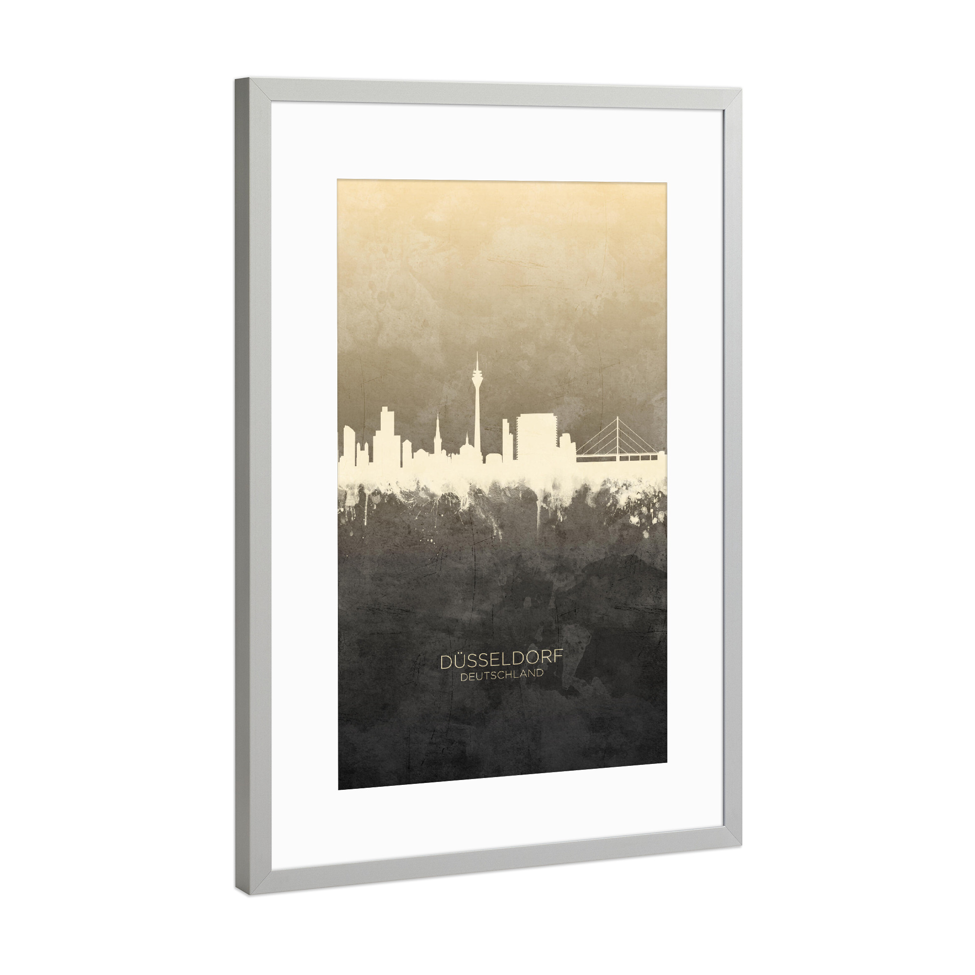 Poster mit Rahmen Silber "Düsseldorf Germany Skyline Taupe" artboxONE - Städte,Städte / Düsseldorf