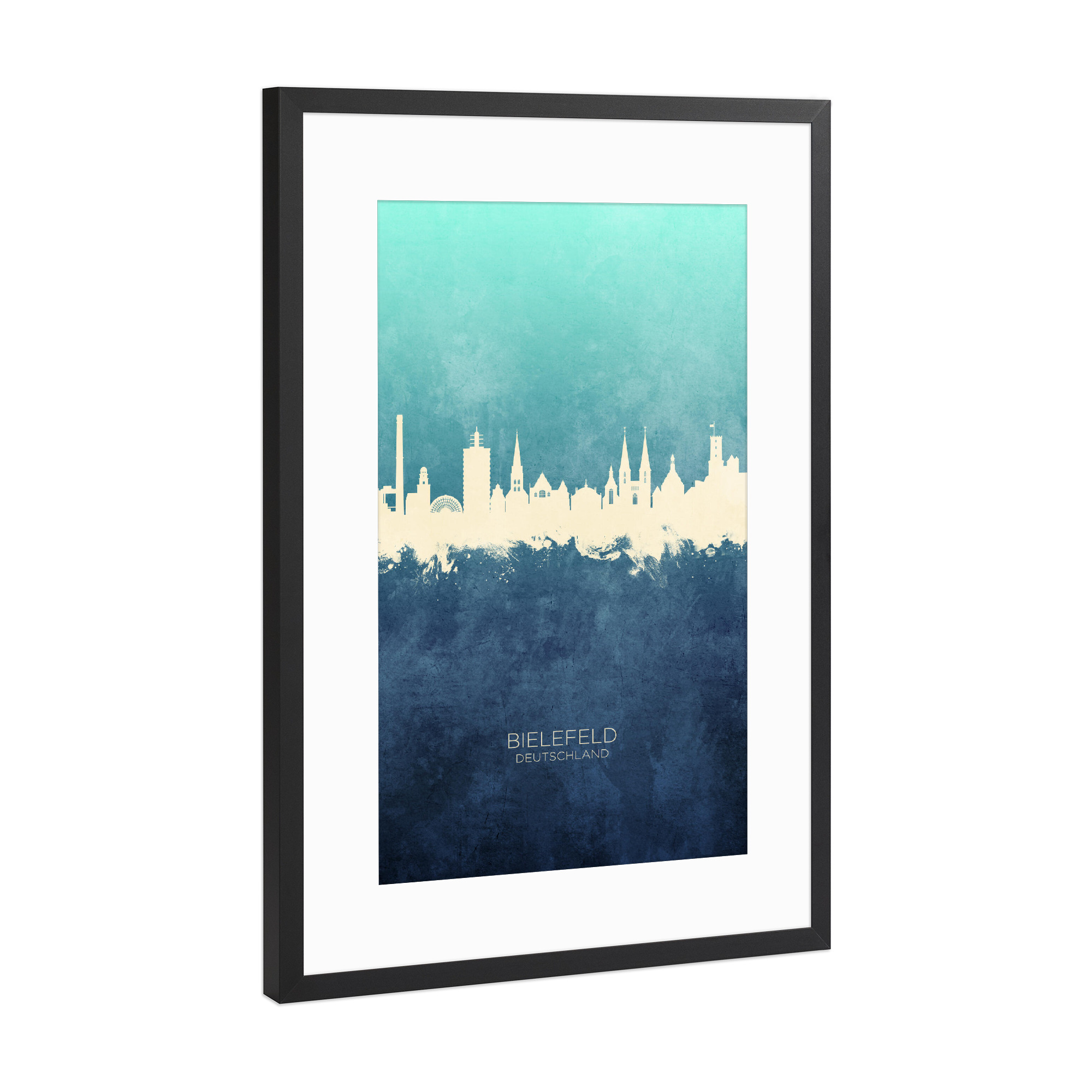 Poster mit Rahmen Schwarz (Metallic) "Bielefeld Germany Skyline NavyCyan" artboxONE - Städte