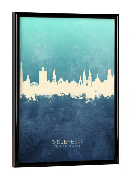 Poster mit schwarzem Rahmen "Bielefeld Germany Skyline NavyCyan" artboxONE - Städte