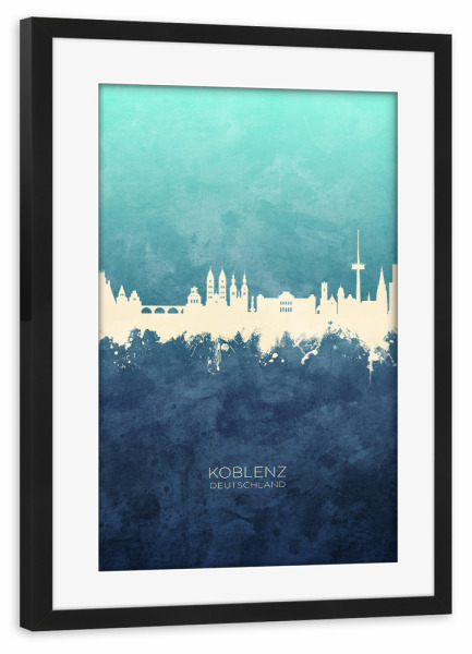 Poster mit Rahmen schwarz "Koblenz Germany Skyline NavyCyan" artboxONE - Städte