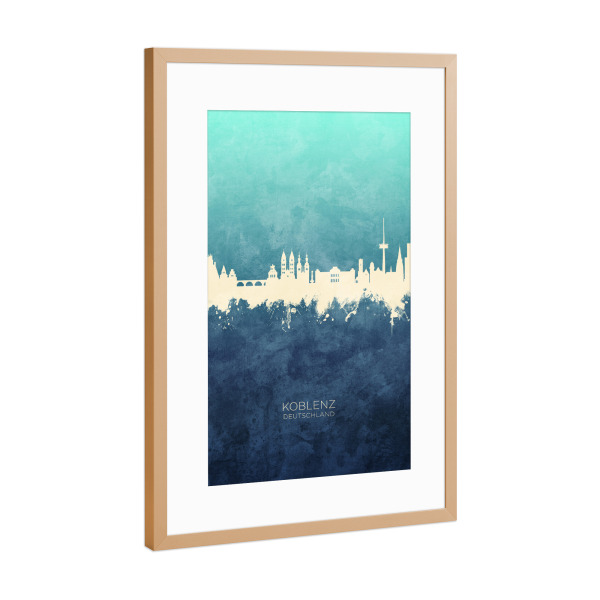 Poster mit Rahmen Kupfer "Koblenz Germany Skyline NavyCyan" artboxONE - Städte