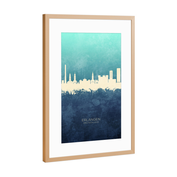 Poster mit Rahmen Kupfer "Erlangen Germany Skyline NavyCyan" artboxONE - Städte