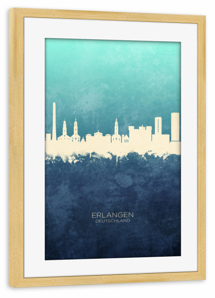 Poster mit Rahmen kiefer "Erlangen Germany Skyline NavyCyan" artboxONE - Städte