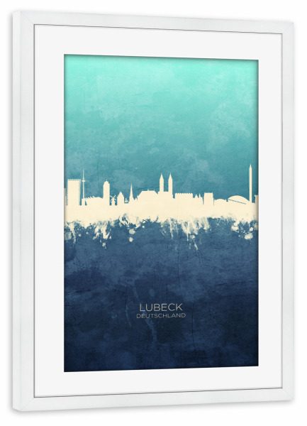 Poster mit Rahmen weiß "Lubeck Germany Skyline NavyCyan" artboxONE - Städte