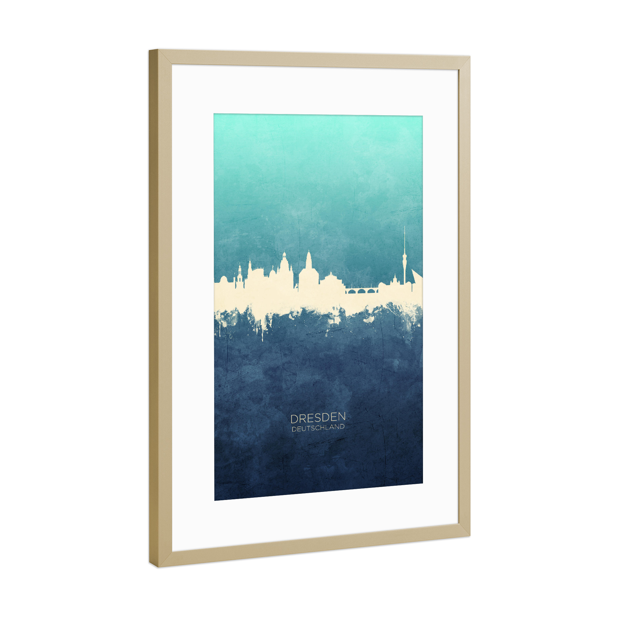 Poster mit Rahmen Gold "Dresden Germany Skyline NavyCyan" artboxONE - Städte,Städte / Dresden