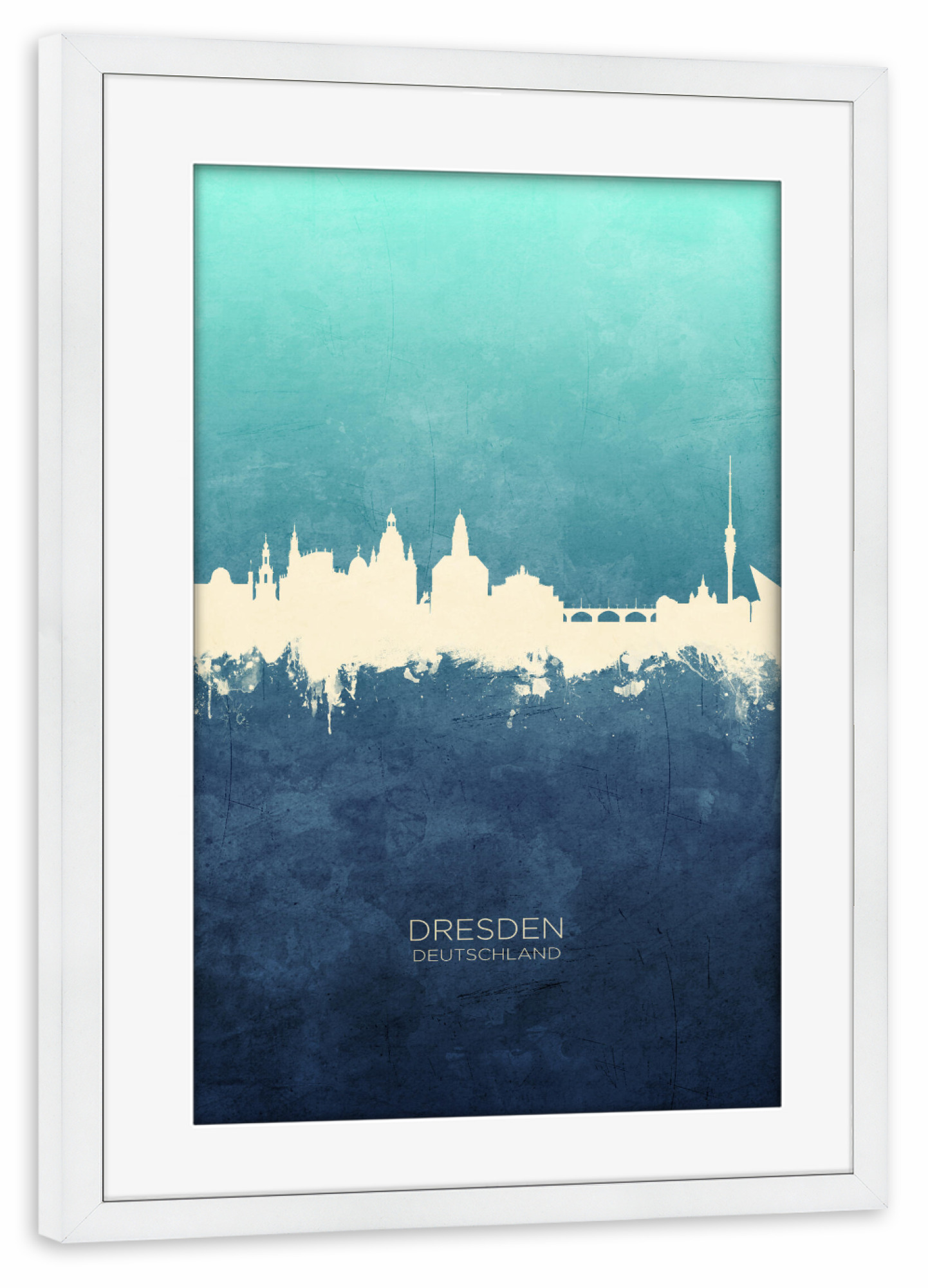 Poster mit Rahmen weiß "Dresden Germany Skyline NavyCyan" artboxONE - Städte,Städte / Dresden
