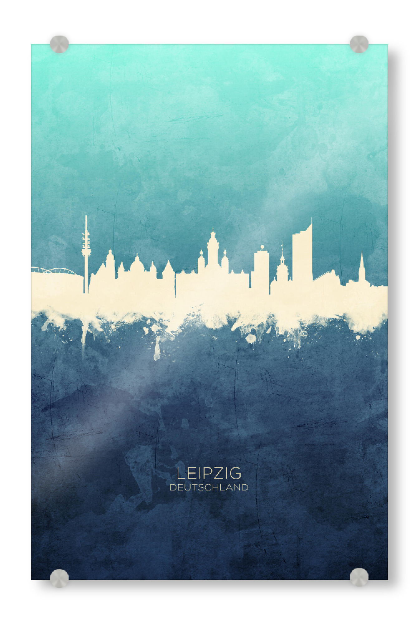Acrylglasbild "Leipzig Germany Skyline NavyCyan" artboxONE - Städte - Leipzig,Deutschland,Skyline,Cityscape,Stadtbild,Watercolor,Germany,City,Stadt