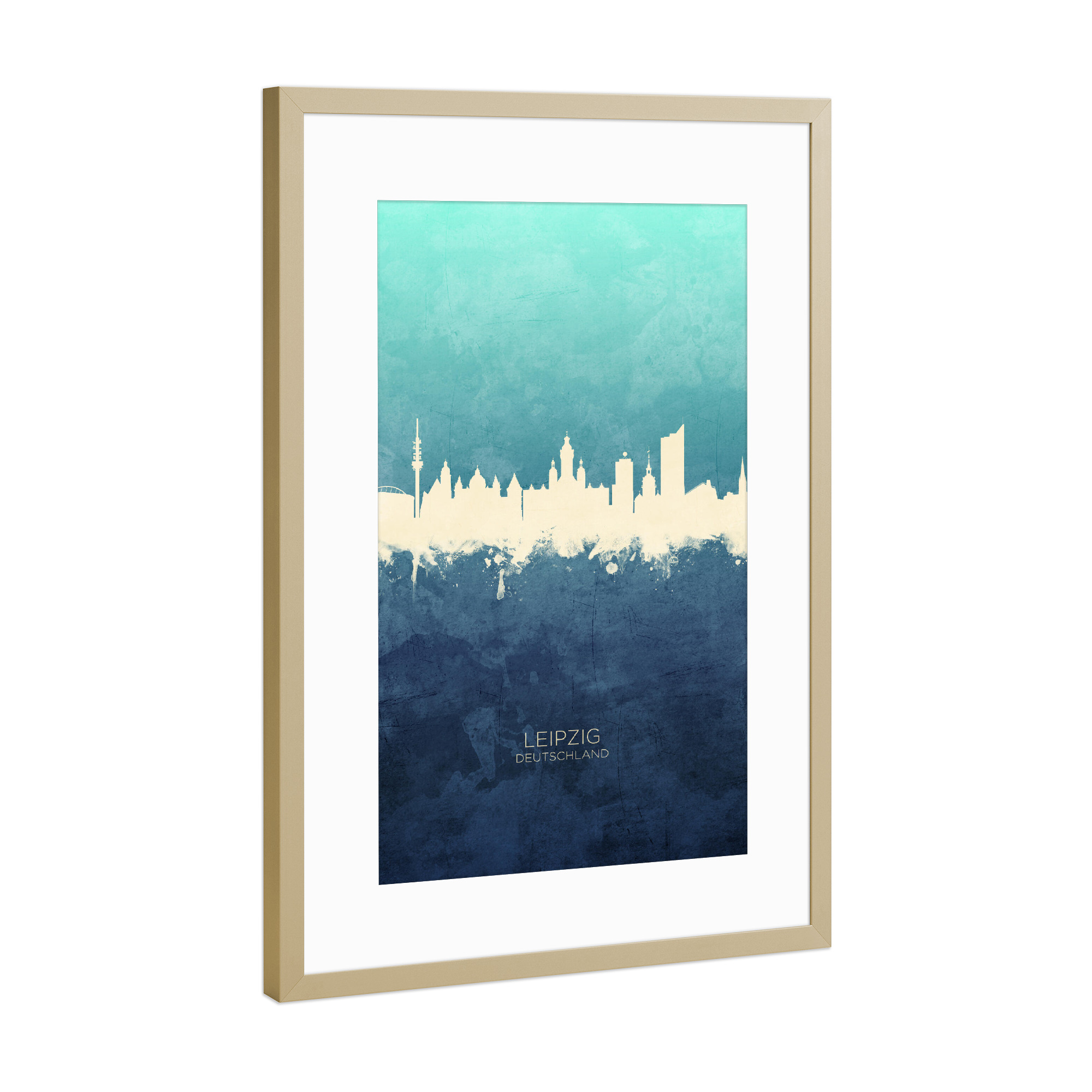 Poster mit Rahmen Gold "Leipzig Germany Skyline NavyCyan" artboxONE - Städte