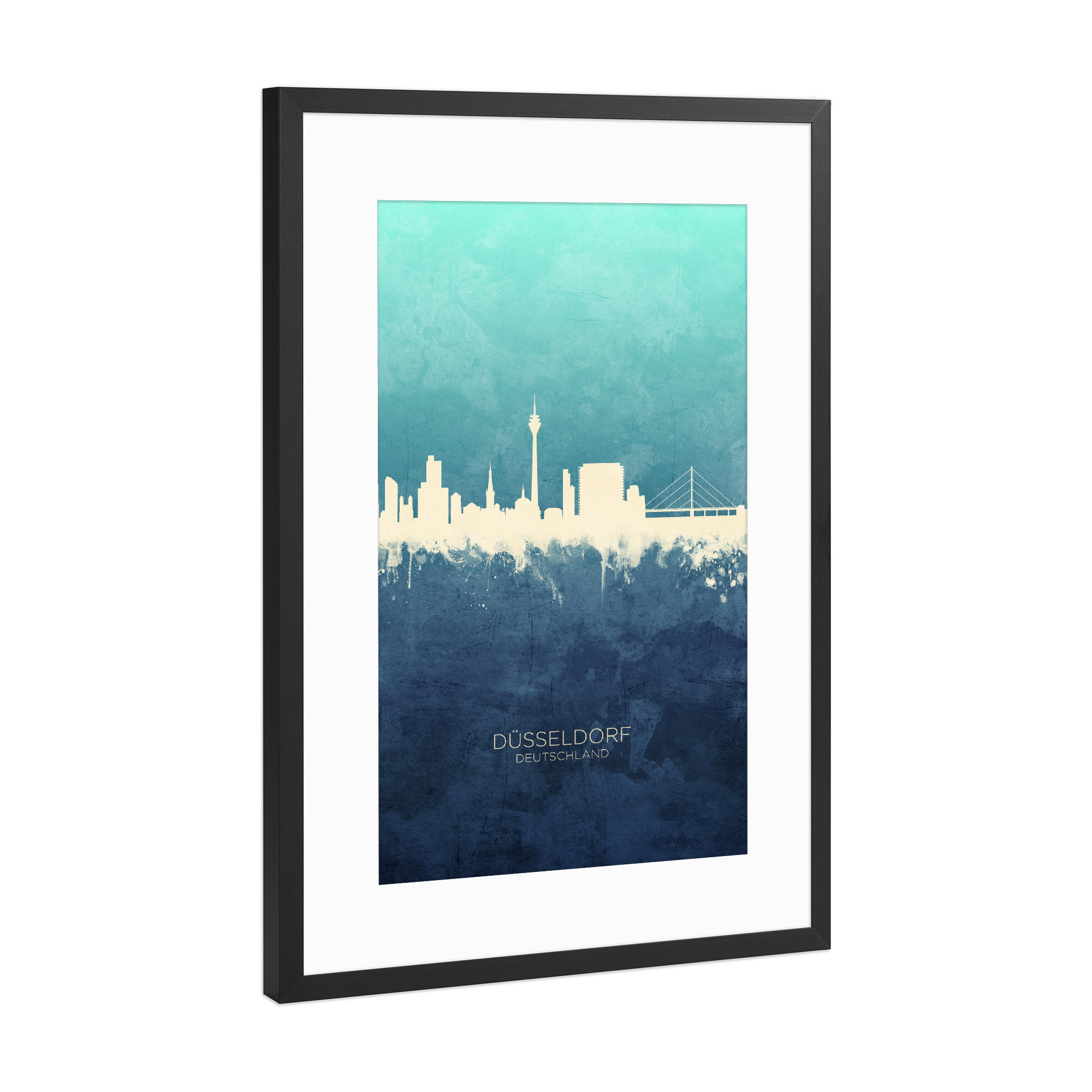 Poster mit Rahmen Schwarz (Metallic) "Düsseldorf Skyline NavyCyan" artboxONE - Städte,Städte / Düsseldorf
