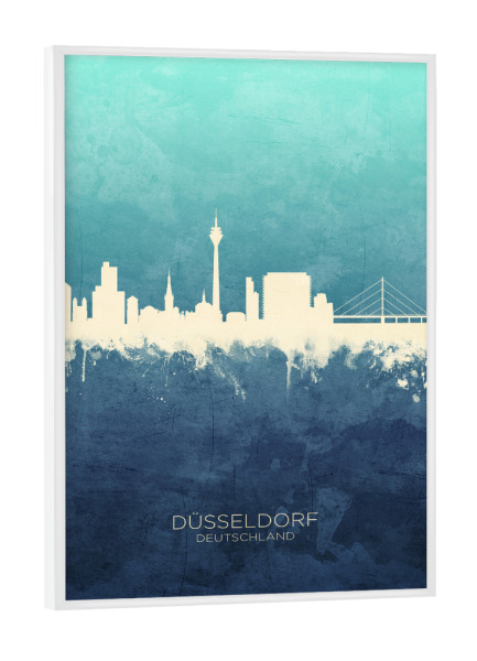 Poster mit weißem Rahmen "Düsseldorf Skyline NavyCyan" artboxONE - Städte,Städte / Düsseldorf