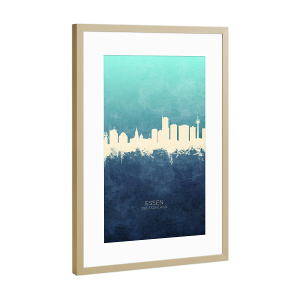 Poster mit Rahmen Gold "Essen Germany Skyline NavyCyan" artboxONE - Städte