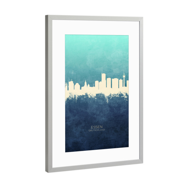 Poster mit Rahmen Silber "Essen Germany Skyline NavyCyan" artboxONE - Städte