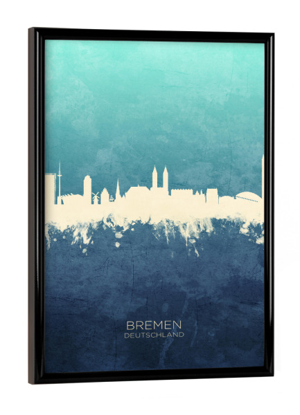 Poster mit schwarzem Rahmen "Bremen Germany Skyline NavyCyan" artboxONE - Städte