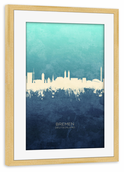 Poster mit Rahmen kiefer "Bremen Germany Skyline NavyCyan" artboxONE - Städte