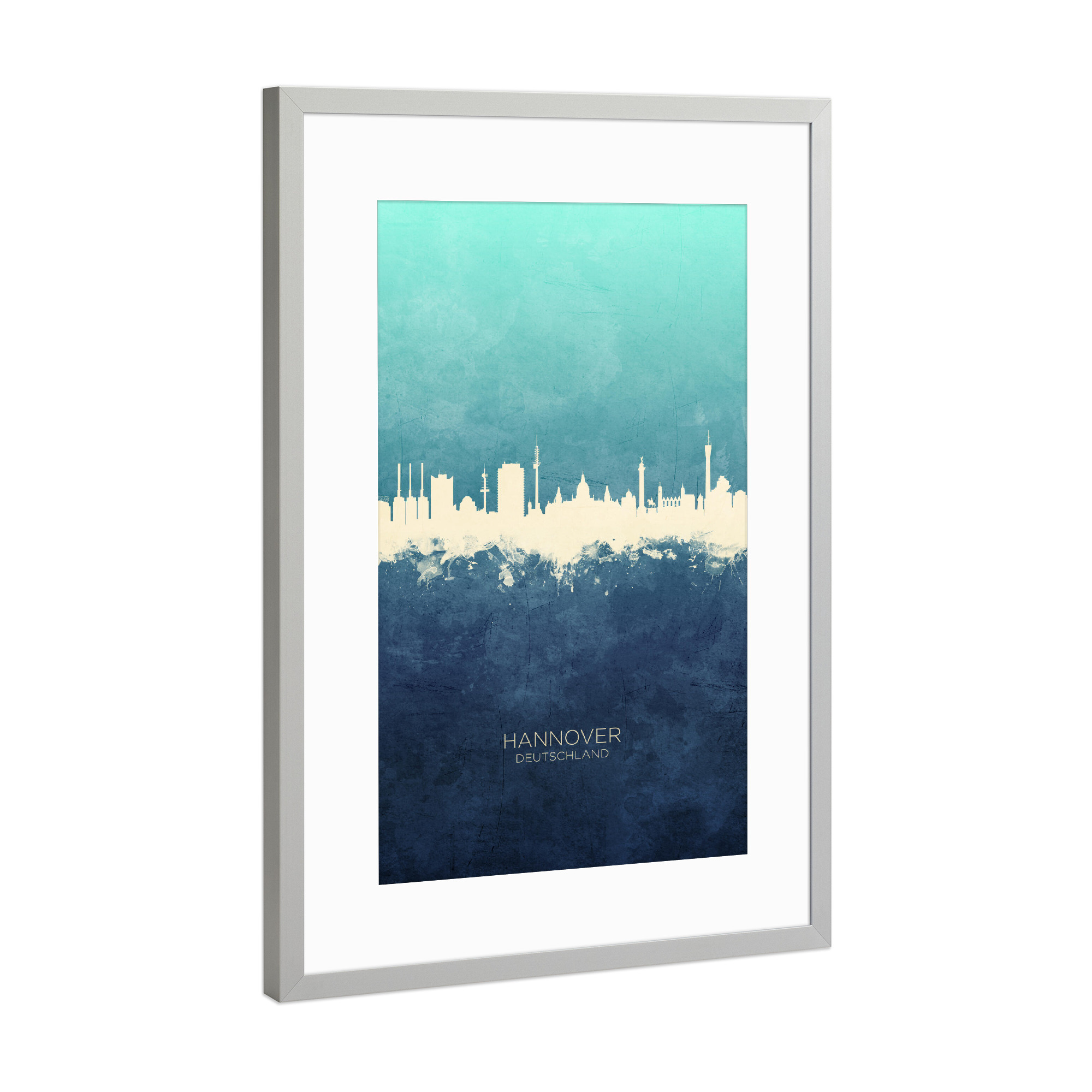 Poster mit Rahmen Silber "Hannover Germany Skyline NavyCyan" artboxONE - Städte
