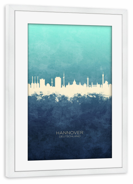 Poster mit Rahmen weiß "Hannover Germany Skyline NavyCyan" artboxONE - Städte