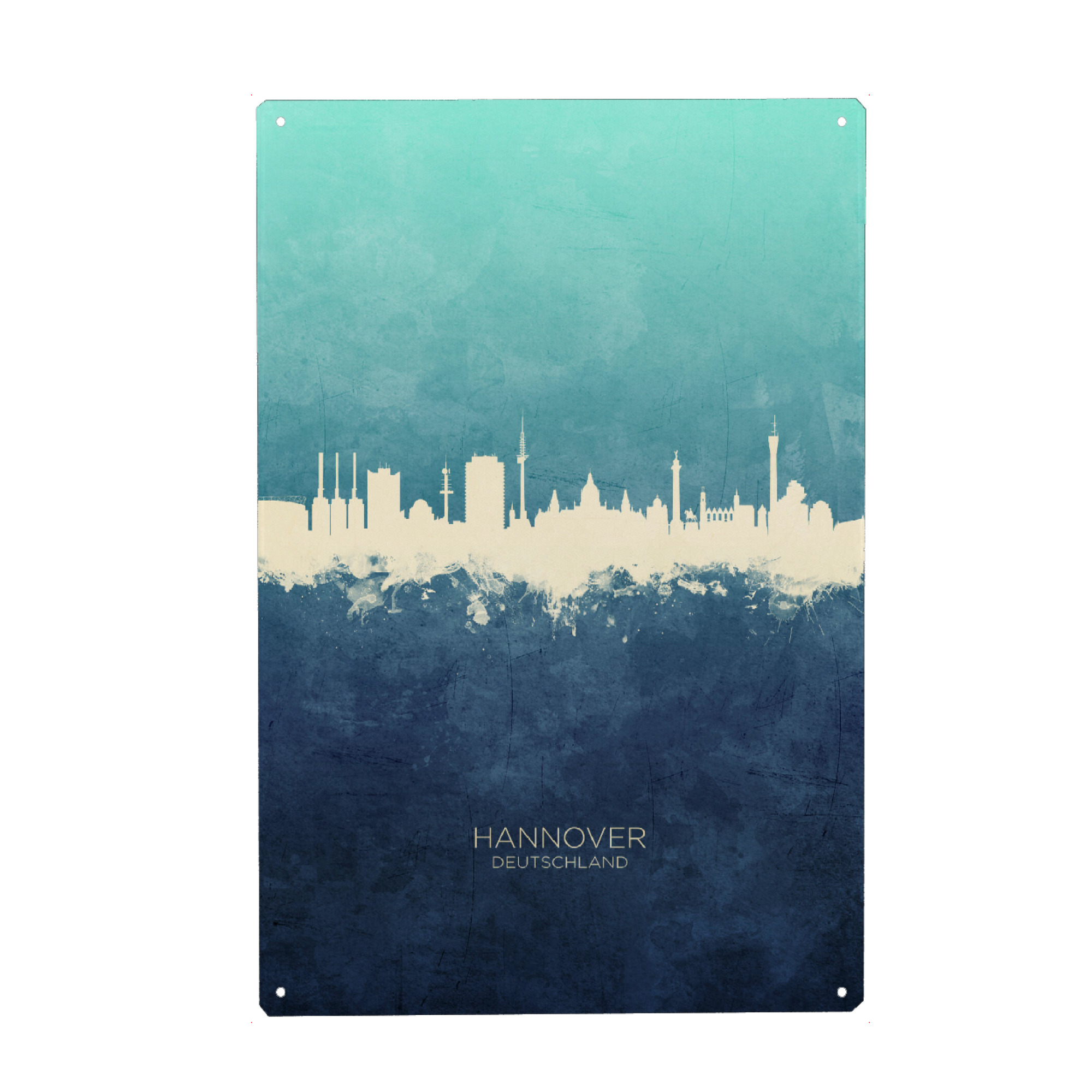 Holzbild "Hannover Germany Skyline NavyCyan" artboxONE - Städte - Hannover,Deutschland,Skyline,Cityscape,Stadtbild,Watercolor,Germany,City,Stadt