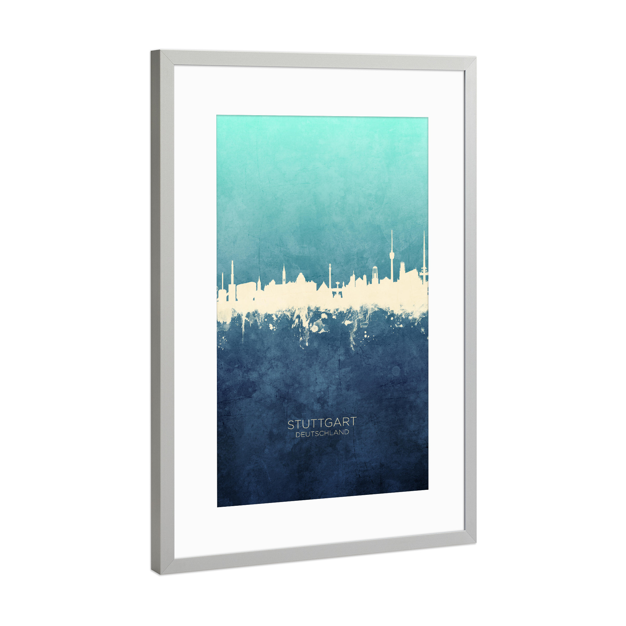 Poster mit Rahmen Silber "Stuttgart Germany Skyline NavyCyan" artboxONE - Städte,Städte / Stuttgart