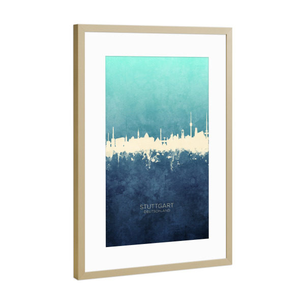 Poster mit Rahmen Gold "Stuttgart Germany Skyline NavyCyan" artboxONE - Städte,Städte / Stuttgart