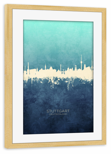 Poster mit Rahmen kiefer "Stuttgart Germany Skyline NavyCyan" artboxONE - Städte,Städte / Stuttgart