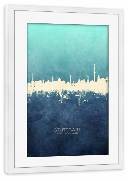 Poster mit Rahmen weiß "Stuttgart Germany Skyline NavyCyan" artboxONE - Städte,Städte / Stuttgart