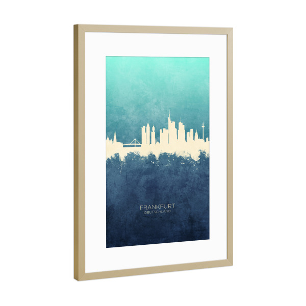 Poster mit Rahmen Gold "Frankfurt Germany Skyline NavyCyan" artboxONE - Städte,Städte / Frankfurt