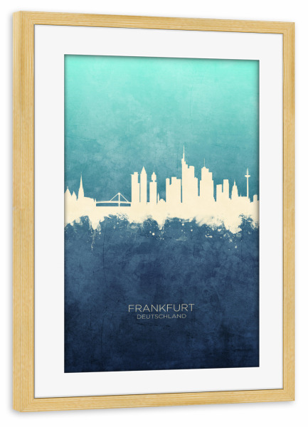 Poster mit Rahmen kiefer "Frankfurt Germany Skyline NavyCyan" artboxONE - Städte,Städte / Frankfurt