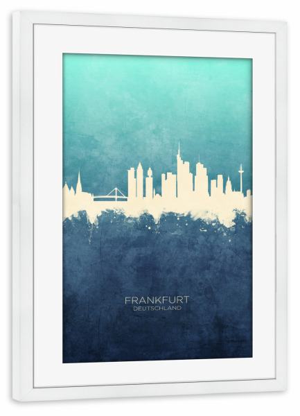 Poster mit Rahmen weiß "Frankfurt Germany Skyline NavyCyan" artboxONE - Städte,Städte / Frankfurt