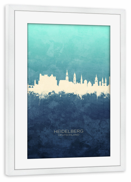 Poster mit Rahmen weiß "Heidelberg Skyline NavyCyan" artboxONE - Städte