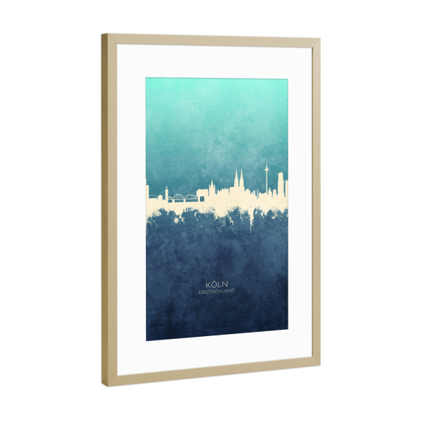 Poster mit Rahmen Gold "Cologne Germany Skyline NavyCyan" artboxONE - Städte,Städte / Köln
